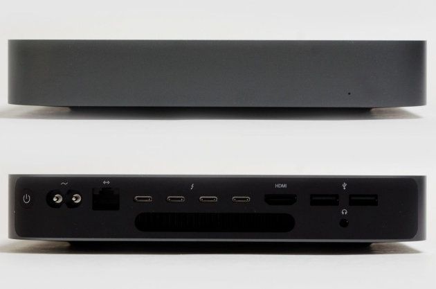 フロントはパワーLEDのみ。リアは左から順に、電源ボタン、AC入力、Ethernet、Thunderbolt 3×4、HDMI、USB 3.1×2、3.5mmオーディオ出力
