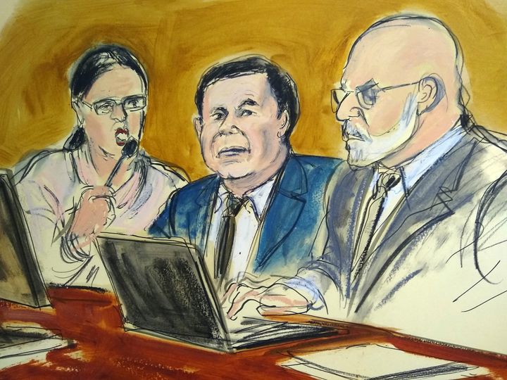 A court sketch from the trial with El Chapo centre.