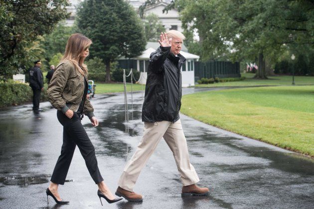 US President Donald Trump and First Lady Melania Trump depart the White House in Washington, DC, on August 29, 2017 for Texas to view the damage caused by Hurricane Harvey. / AFP PHOTO / NICHOLAS KAMM (Photo credit should read NICHOLAS KAMM/AFP/Getty Images)
