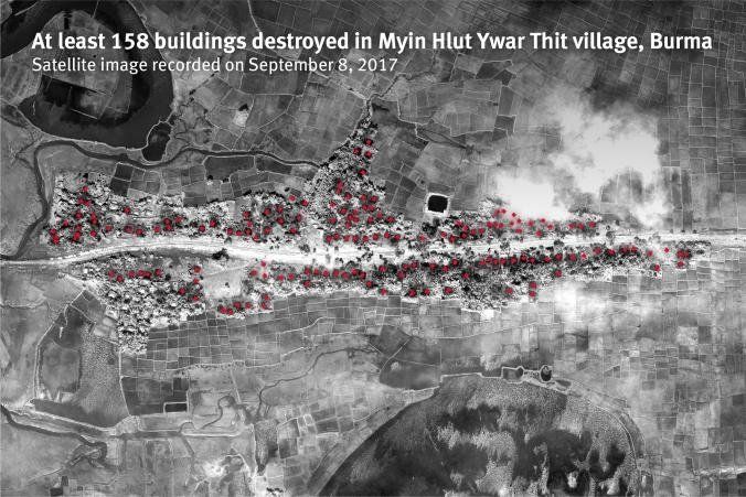 Human Rights Watch released new satellite imagery and sensory data showing that 62 villages in northern Rakhine State were targeted by arson attacks between August 25 and September 14, 2017. Human Rights Watch identified 35 of these villages with extensive building destruction from very high resolution satellite imagery, and an additional 26 villages that had active fires detected in near-real time with environmental satellite sensors. Human Rights Watch conducted a detailed building damage assessment in 6 of the 35 affected villages and identified nearly complete destruction in each case. The total number of destroyed buildings was 948.