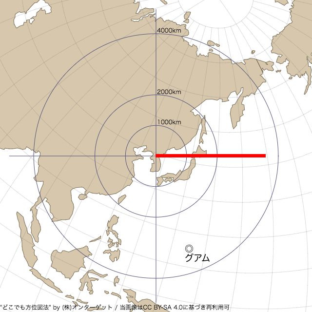 20179月15日に発射した北朝鮮の弾道ミサイルの航跡（正距方位図法）