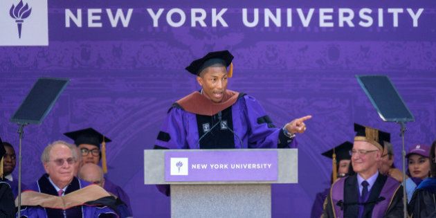 NEW YORK, NY - MAY 17: Pharrell Williams speaks during the New York University 2017 Commencement at Yankee Stadium on May 17, 2017 in the Bronx borough of New York City. (Photo by Dia Dipasupil/Getty Images)