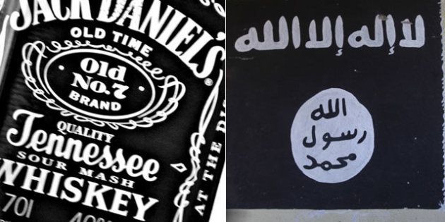 ジャック・ダニエル（左）、ISの旗（右）
