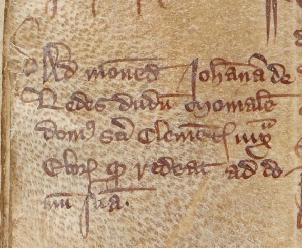 A close-up image of a marginal note in Latin about Joan of Leeds. 
