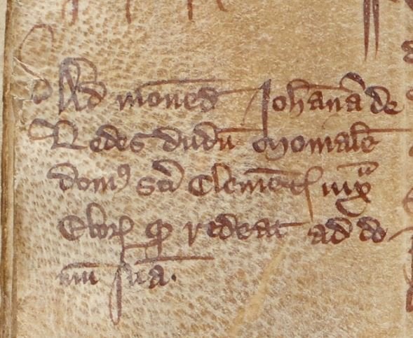 A close-up image of a marginal note in Latin about Joan of Leeds. 