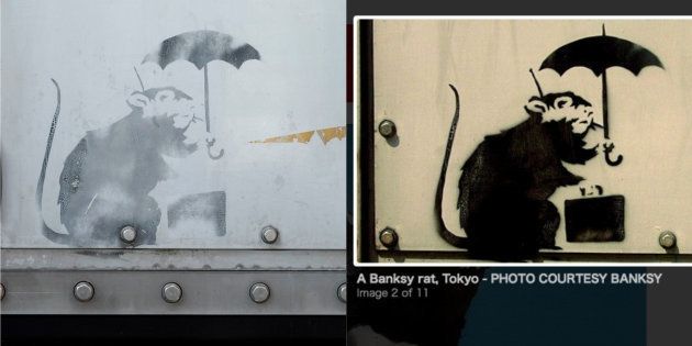 左が都内で見つかった絵。右は2010年にアメリカの週刊誌で取り上げられたバンクシー作品