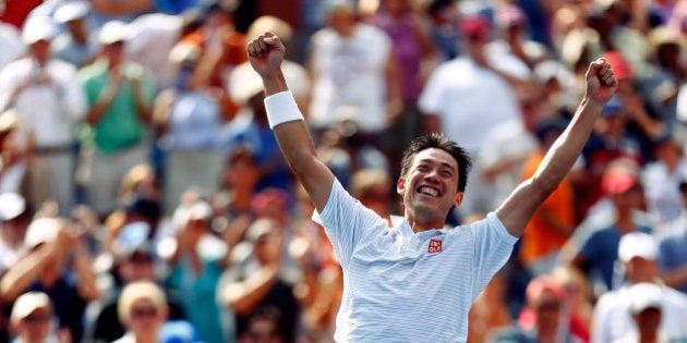 NEW YORK, NY - SEPTEMBER 06: Kei Nishikori of Japan celebrates after defeating Novak Djokovic of Serbia in their men's singles semifinal match on Day Thirteen of the 2014 US Open at the USTA Billie Jean King National Tennis Center on September 6, 2014 in the Flushing neighborhood of the Queens borough of New York City. Nishikori defeated Djokovic in four sets 6-4, 1-6, 7-6, 6-3. (Photo by Julian Finney/Getty Images)