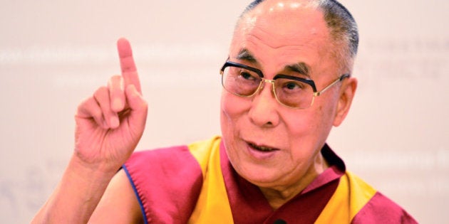 FRANKFURT AM MAIN, GERMANY - MAY 14: The Dalai Lama speaks during a press conference while supporters of the International Shugden Community (ISC) protest outside against the current visit of the Dalai Lama on May 14, 2014 in Frankfurt, Germany. The ISC claims the Dalai Lama discriminates against them and denies them religious freedom, while critics charge the ISC is actually a front for the New Kadampa Tradition and brand it as a rigid cult run by fanatics who demand blind obedience from its followers. The Dalai Lama is visiting Frankfurt from May 13-16. (Photo by Thomas Lohnes/Getty Images)