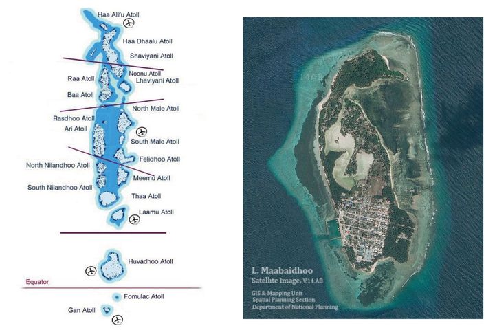 左はモルディブ全域の地図、右は訪問したマーバイトホー島。島中央のS字型は沼地