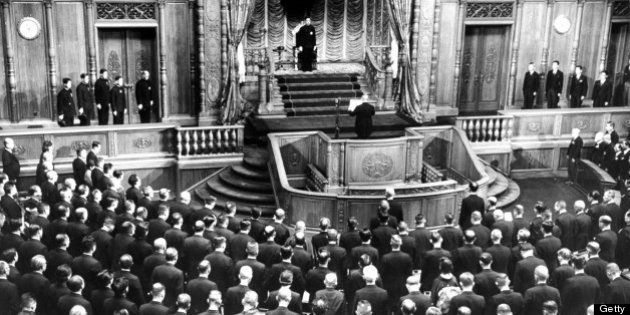 At Diet, Emperor Hirohito delivering his vow that they will uphold the new Japanese constitution as best they can. (Photo by John Florea//Time Life Pictures/Getty Images)
