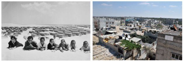 ガザの南部にあるハンユニス難民キャンプの過去 (1955年)と現在