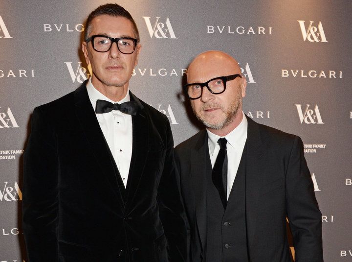 LONDON, ENGLAND - APRIL 01: Stefano Gabbana (L) and Domenico Dolce attend a private dinner celebrating the Victoria and Albert Museum's new exhibition 'The Glamour Of Italian Fashion 1945 - 2014' at Victoria and Albert Museum on April 1, 2014 in London, England. (Photo by David M. Benett/Getty Images)