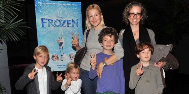 NEW YORK, NY - NOVEMBER 02: Actress Kelly Rutherford with son Herms Gustaf Daniel (L), daughter Helena Grace Rutherford (2nd L) and guests attend the Disney & The Cinema Society screening of 'Frozen' at Tribeca Grand Hotel on November 2, 2013 in New York City. (Photo by Henry S. Dziekan III/WireImage)