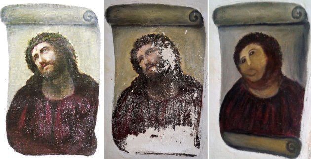 スペイン北東部ボルハの教会の柱に描かれた当初のキリストの絵（左）、劣化していた最近の絵（中央）、女性画家が「修復」した後の現在の絵（右）（スペイン） 