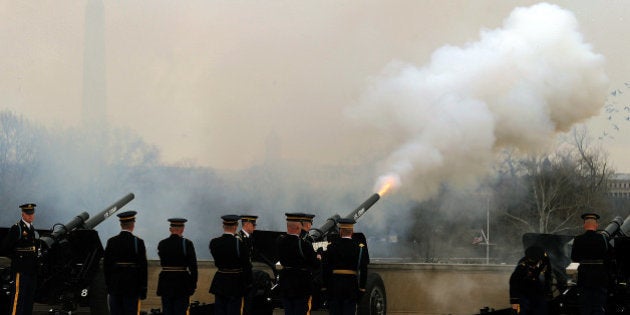 US military honor guard fire canons to gun-salute Chine Vice President Xi Jinping during a honor guard at the Pentagon in Washington, DC, on February 14, 2012. China's likely next leader Xi Jinping said Tuesday that Beijing will take concrete steps to improve human rights as he admitted 'there is always room for improvement.' AFP Photo/Jewel Samad (Photo credit should read JEWEL SAMAD/AFP/Getty Images)