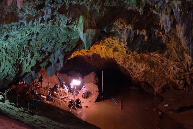 CHIANG RAI, THAILAND - JUNE 28: Rescuers install a water pump inside Tham Luang Nang Non cave on June 28, 2018 in Chiang Rai, Thailand.