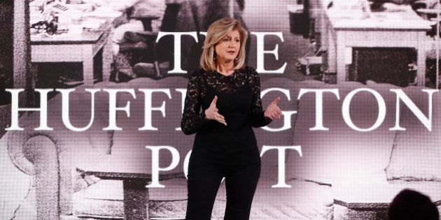 NEW YORK, NY - APRIL 28: Co-founder and editor-in-chief of The Huffington Post Arianna Huffington speaks on stage during the AOL 2015 Newfront on April 28, 2015 in New York City. (Photo by Brian Ach/Getty Images for AOL)