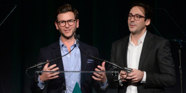 NEW YORK, NY - NOVEMBER 04: Co-Founders & Co-CEOs of Warby Parker, Dave Gilboa and Neil Blumenthal speak onstage at the 17th Annual Accessories Council ACE Awards At Cipriani 42nd Street on November 4, 2013 in New York City. (Photo by Dimitrios Kambouris/Getty Images for Accessories Council)