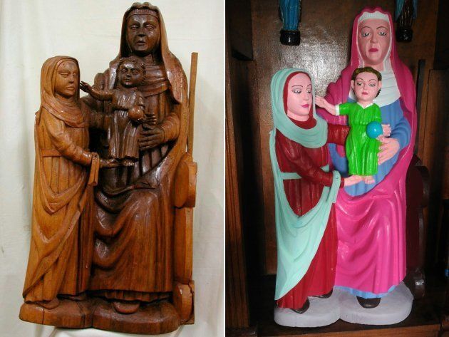彫刻「聖母子像」の以前の状態（左）と今の状態