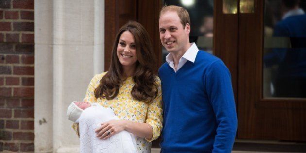 Britain's Prince William (R) and Catherine, Duchess of Cambridge show their newly-born daughter, their second child, to the media outside the Lindo Wing at St Mary's Hospital in central London, on May 2, 2015. The Duchess of Cambridge was safely delivered of a daughter weighing 8lbs 3oz, Kensington Palace announced. The newly-born Princess of Cambridge is fourth in line to the British throne. AFP PHOTO / LEON NEAL (Photo credit should read LEON NEAL/AFP/Getty Images)