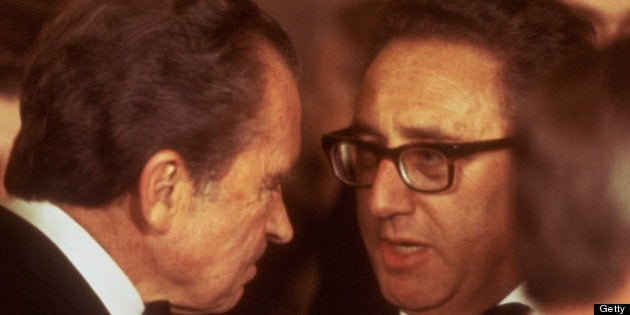 DISTRICT OF COLUMBIA, UNITED STATES - FEBRUARY 1979: Former President Richard Nixon (L) & his State Secretary Henry Kissinger chatting at reception for Chinese VP Deng Xiaoping during state visit. (Photo by Dirck Halstead/Time & Life Pictures/Getty Images)