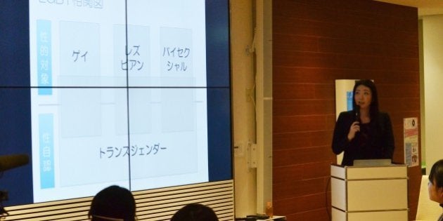 企業の人事担当者を対象にしたLGBT人材採用セミナーで話す如月音流さん＝19日、東京・恵比寿