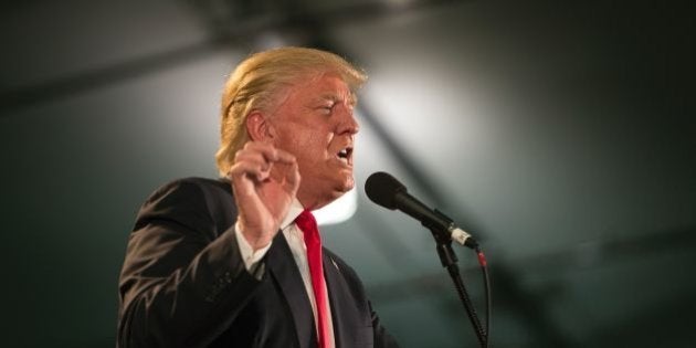 Republican presidential candidate Donald Trump speaks during a rally at the San Jose Convention Center in San Jose, California on June 2, 2016. Protesters who oppose Donald Trump scuffled with his supporters on June 2 as the presumptive Republican presidential nominee held a rally in California, with fistfights erupting and one supporter hit with an egg. / AFP / JOSH EDELSON (Photo credit should read JOSH EDELSON/AFP/Getty Images)