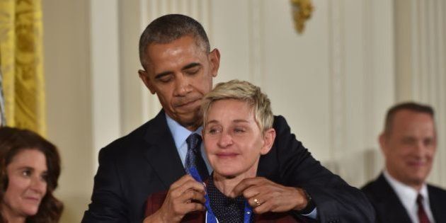 US President Barack Obama presents actress and comedian Ellen DeGeneres with the Presidential Medal of Freedom, the nation's highest civilian honor, during a ceremony honoring 21 recipients, in the East Room of the White House in Washington, DC, November 22, 2016. / AFP / Nicholas Kamm (Photo credit should read NICHOLAS KAMM/AFP/Getty Images)