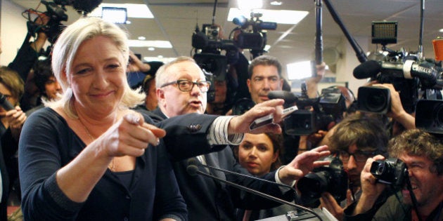 PARIS, FRANCE - MAY 25: French far-right Front National (FN) party president Marine Le Pen arrives to deliver a speech after the victory of her party in the European Elections on May 25, 2014 in Nanterre, France. France's far-right National Front wins European Parliament elections in France with around 25 percent of the vote. (Photo by Chesnot/Getty Images)