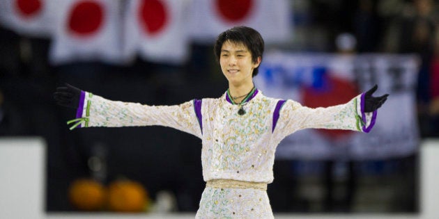 LETHBRIDGE, AB - OCTOBER 31: Yuzuru Hanyu of Japan acknowledges the crows after finishing the Men Free Skate on day two of Skate Canada International ISU Grand Prix of Figure Skating, October, 31, 2015 at ENMAX Centre in Lethbridge, Alberta, Canada. (Photo by Rich Lam - ISU/ISU via Getty Images)