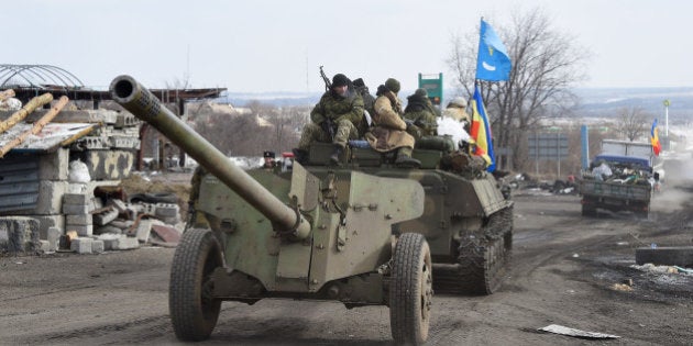 DONETSK, UKRAINE - FEBRUARY 20: Pro Russian separatists in Debaltsevo about 50 km away from Donetsk on February 20, 2015 in Debaltsevo, Ukraine. (Photo by Pavel Kassin/Kommersant Photo via Getty Images).