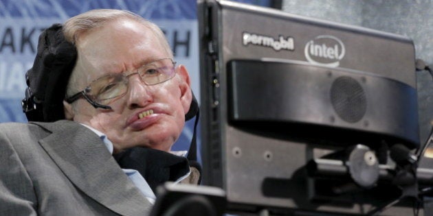 Physicist Stephen Hawking sits on stage during an announcement of the Breakthrough Starshot initiative with investor Yuri Milner in New York April 12, 2016. REUTERS/Lucas Jackson