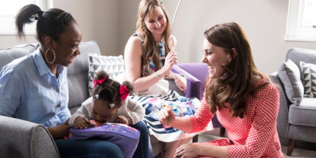 LONDON, ENGLAND - MARCH 23: Catherine, Duchess of Cambridge meets a mother, Kirsty Francois, 21, and her daughter Teegan-Mia, 2, during a meeting with a parent support group at the launch of maternal mental health films ahead of mother's day at Royal College of Obstetricians and Gynaecologists on March 23, 2017 in London, England. The educational films have been created by Best Beginnings, a charity partner of the Heads Together Campaign. (Photo by Heathcliff O'Malley - WPA Pool/Getty Images)