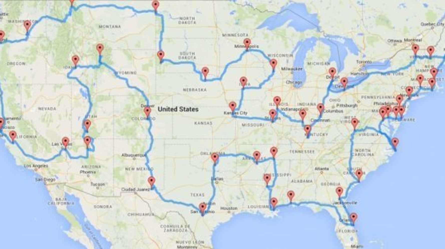 アメリカ48州をすべて立ち寄る旅行の地図を、数分で作る方法