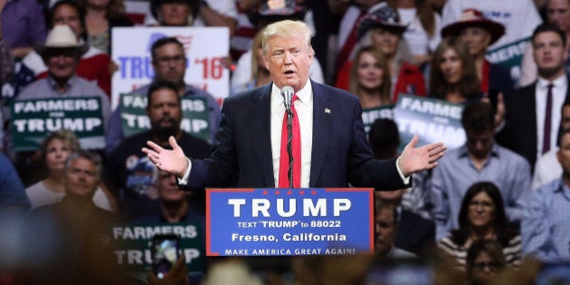 FRESNO, CA - MAY 27: Presumptive Republican presidential candidate Donald Trump speaks at a rally in Fresno on May 27, 2016 in Fresno, California. Trump is on a Western campaign trip which saw stops in North Dakota and Montana yesterday and two more in California today. (Photo by Spencer Platt/Getty Images)