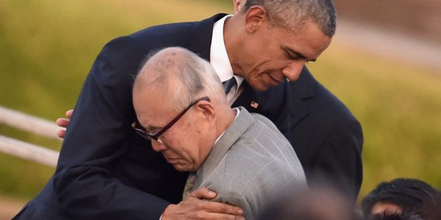 HIROSHIMA, JAPAN - MAY 27: U.S. President Barack Obama embraces an a-bomb victim at the Hiroshima Peace Memorial Park on May 27, 2016 in Hiroshima, Japan. It is the first time U.S. President makes an official visit to Hiroshima, the site where the atomic bomb was dropped in the end of World War II on August 6, 1945. (Photo by Atsushi Tomura/Getty Images)