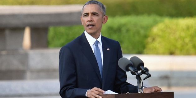HIROSHIMA, JAPAN - MAY 27: U.S. President Barack Obama gives a speech during his visit to the Hiroshima Peace Memorial Park on May 27, 2016 in Hiroshima, Japan. It is the first time U.S. President makes an official visit to Hiroshima, the site where the atomic bomb was dropped in the end of World War II on August 6, 1945. (Photo by Atsushi Tomura/Getty Images)