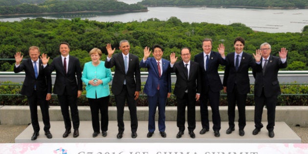 (From L) European Council President Donald Tusk, Italian Prime Minister Matteo Renzi, German Chancellor Angela Merkel, US President Barack Obama, Japanese Prime Minister Shinzo Abe, French President Francois Hollande, British Prime Minister David Cameron, Canadian Prime Minister Justin Trudeau and European Commission President Jean-Claude Juncker pose for the family photo during the first day of the Group of Seven (G7) summit meetings in Ise city on May 26, 2016. World leaders kick off two days of G7 talks in Japan on May 26 with the creaky global economy, terrorism, refugees, China's controversial maritime claims, and a possible Brexit headlining their packed agenda.World leaders kicked off two days of G7 talks in Japan on May 26 with the creaky global economy, terrorism, refugees, China's controversial maritime claims, and a possible Brexit headlining their packed agenda. / AFP / POOL / JAPAN POOL / Japan OUT (Photo credit should read JAPAN POOL/AFP/Getty Images)