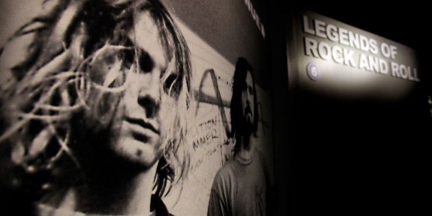 CLEVELAND, OHIO - Nov.31, 2013:Kurt Cobain is picture to the entrance of the Legends of Rock and Roll exhibit The Rock and Roll Hall of Fame and Museum in Cleveland, Ohio. This is a story about Voices for Yes, a bi-partisan effort on behalf of Democrats and Republicans to get the rock band Yes into the Roll Hall of Fame, which had been snubbed by the nominating committee since 1995 until this year. It's the brainchild of John Brabender, who ran Rick Santorum's presidential campaign, and Tad Devine, who was a senior advisor to John Kerry's and Al Gore's bids for the White House. It is a look at the Rock and Roll Hall of Fame, how it operates, and the band Yes, who was the most successful of the progressive rock bands of the 1970s, who has always had a passionate fan base but never quite the critics' darlings. (Photo by Lisa DeJong/For the Washington Post)