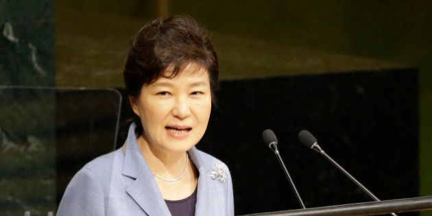 Korean President Park Geun-hye addresses the 70th session of the United Nations General Assembly at U.N. headquarters, Monday, Sept. 28, 2015. (AP Photo/Mary Altaffer)