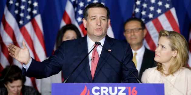 Republican presidential candidate, Sen. Ted Cruz, R-Texas, speaks as his wife, Heidi, listens during a primary night campaign event, Tuesday, May 3, 2016, in Indianapolis. Cruz ended his presidential campaign, eliminating the biggest impediment to Donald Trump's march to the Republican nomination. (AP Photo/Darron Cummings)