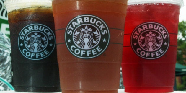 WASHINGTON - JULY 2: Starbucks' new iced coffee and tea beverages are displayed during a promotion July 2, 2003 outside a Starbucks coffee shop at Dupont Circle in Washington, DC. Starbucks introduced a new line of iced tea, coffee and tea lemonade drinks to their customers to cool down in the summer. (Photo by Alex Wong/Getty Images)