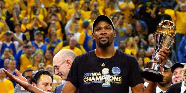 Jun 12, 2017; Oakland, CA, USA; Golden State Warriors forward Kevin Durant (35) celebrates after winning the NBA Fianls MVP in game five of the 2017 NBA Finals at Oracle Arena. Mandatory Credit: Kelley L Cox-USA TODAY Sports TPX IMAGES OF THE DAY