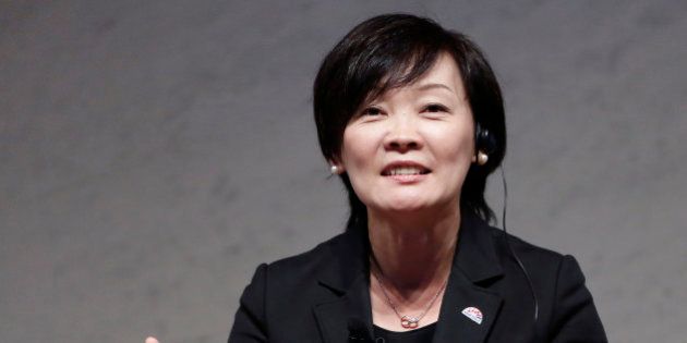 Akie Abe, wife of Japan's Prime Minister Shinzo Abe, speaks during a special talk session with Cherie Blair at the World Assembly for Women (WAW! Tokyo 2014) in Tokyo September 12, 2014. Shinzo Abe's targets for empowering women, a key part of his economic growth strategy, could add substantially to annual growth if met, International Monetary Fund (IMF) head Christine Lagarde said on Friday. REUTERS/Yuya Shino (JAPAN - Tags: POLITICS BUSINESS)