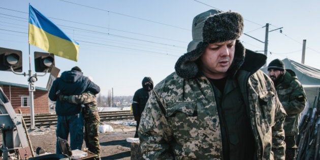 Verkhovna Rada deputy, a veteran of the ATO, Semen Semenchenko. Veterans ATO, participants trade embargo to the unrecognized breakaway republics of LPR and DPR at a railway checkpoint in the city of Bakhmut (Donetsk region, Ukraine), on 13 February 2017. (Photo by Pavlo Pakhomenko/NurPhoto via Getty Images)