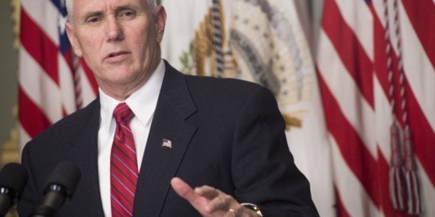 US Vice President Mike Pence speaks before swearing-in Linda McMahon as the Administrator of the Small Business Administration (SBA) during a ceremony in the Eisenhower Executive Office Building adjacent to the White House in Washington, DC, February 14, 2017. / AFP / SAUL LOEB (Photo credit should read SAUL LOEB/AFP/Getty Images)