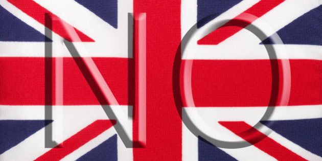 The word 'No' over the Union Jack, the national flag of the United Kingdom, encourages voters to vote against the breakup of the union. The Referendum, which determines the future of Scotland and the UK, takes place on September 18, 2014.
