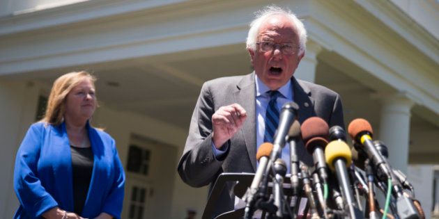 Democratic presidential candidate Sen. Bernie Sanders, I-Vt., accompanied by his wife Jane Sanders, speaks to reporters outside the White House in Washington, Thursday, June 9, 2016, following a meeting with President Barack Obama. (AP Photo/Evan Vucci)