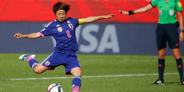 EDMONTON, AB - JULY 01: Aya Miyama of Japan scores a penalty to make it 1-0 during the FIFA Women's World Cup Semi Final match between Japan and England at the Commonwealth Stadium on July 1, 2015 in Edmonton, Canada. (Photo by Kevin C. Cox/Getty Images)