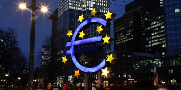 FRANKFURT AM MAIN, GERMANY - JANUARY 21: The symbol of the Euro, the currency of the Eurozone, stands illuminated on January 21, 2015 in Frankfurt, Germany. The European Central Bank (ECB) is schedule to meet tomorrow and announce a large-scale bond buying program. The Euro has dropped sharply against the U.S. dollar in recent months. (Photo by Hannelore Foerster/Getty Images)